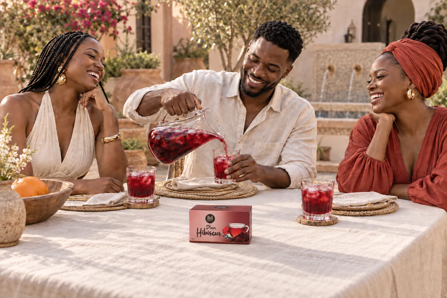 Friends pouring hibiscus tea together
