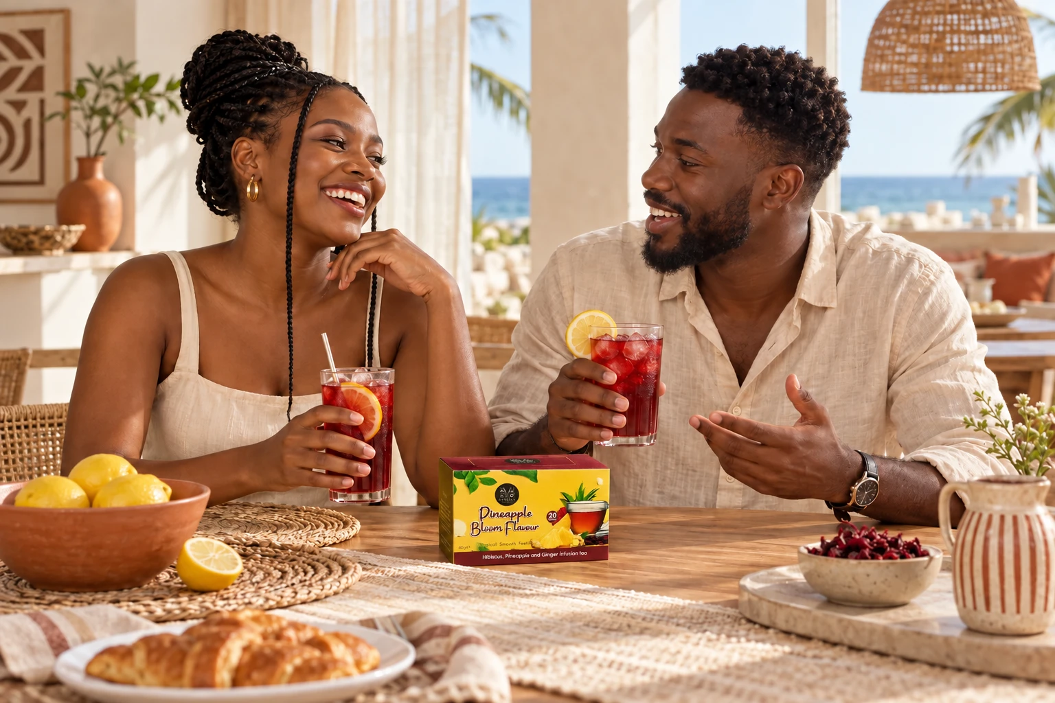 A couple sharing Pineapple Bloom tea at a table