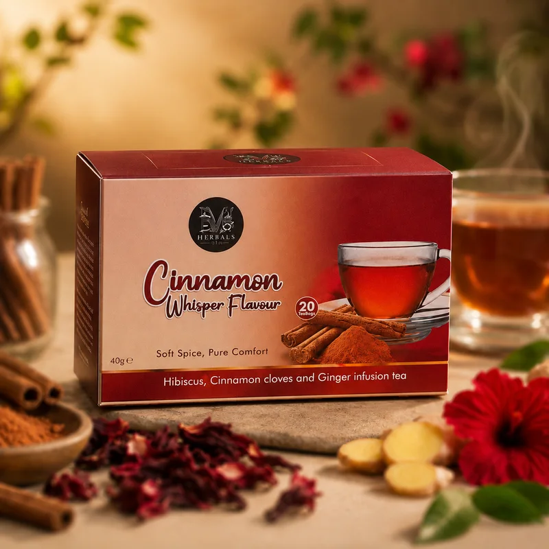 Cinnamon Whisper tea box with cinnamon and a warm cup