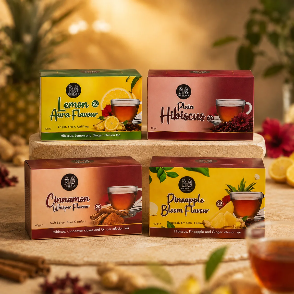 The four Marzala tea boxes arranged together
